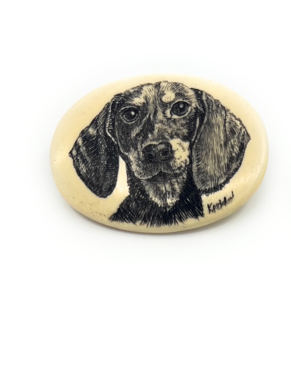 Dachshund Dog Pin Brooch Kim McClelland Scrimshaw Resin Signed Handmade NEW